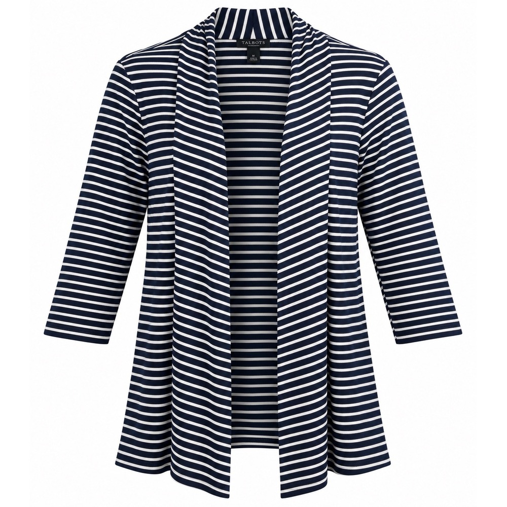 TALBOTS 1X Navy & White Striped 3/4-Sleeve Shawl Collar Drape Cardigan Nautical